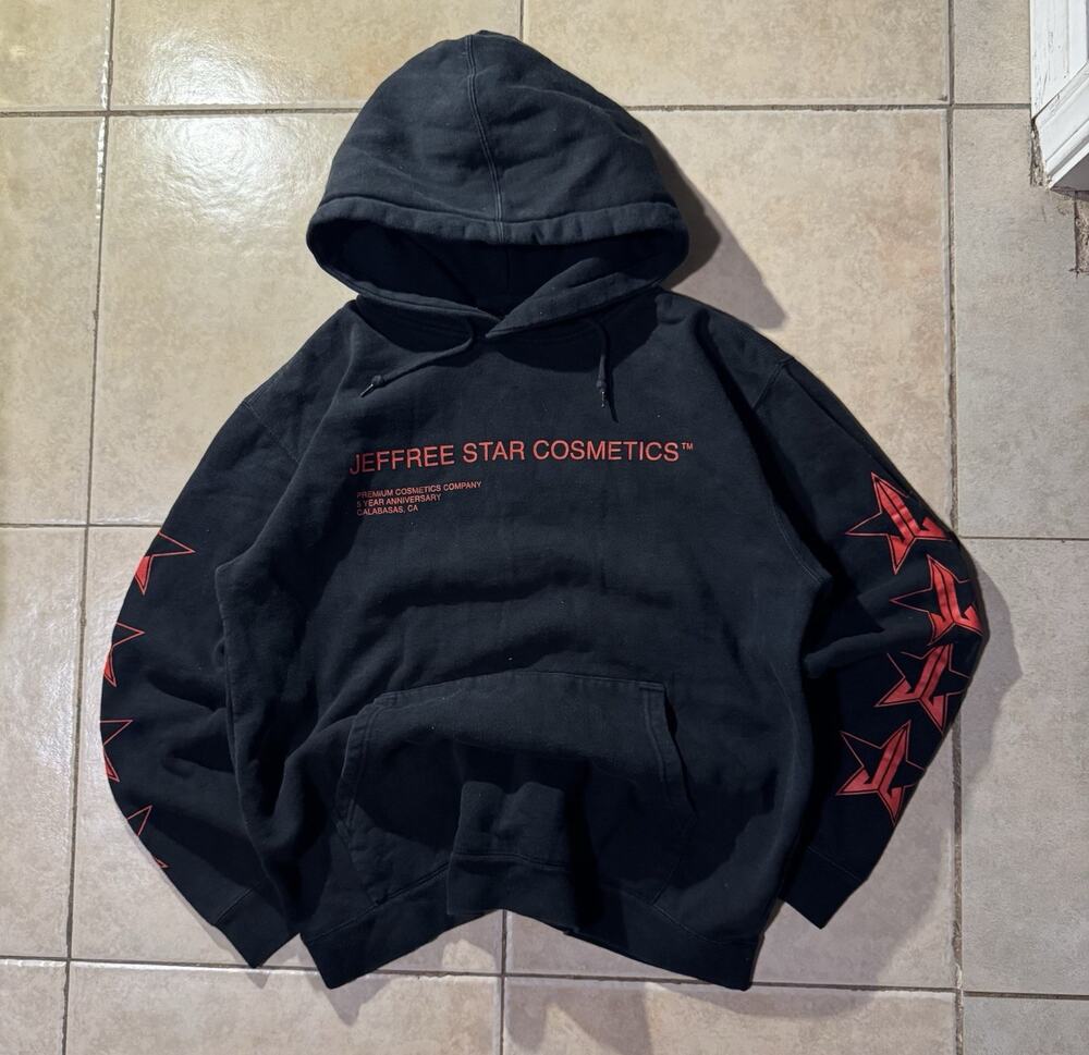 Jeffree Star Men's Black Pullover Hoodie Red Logo Star Sleeve Graphic Size L